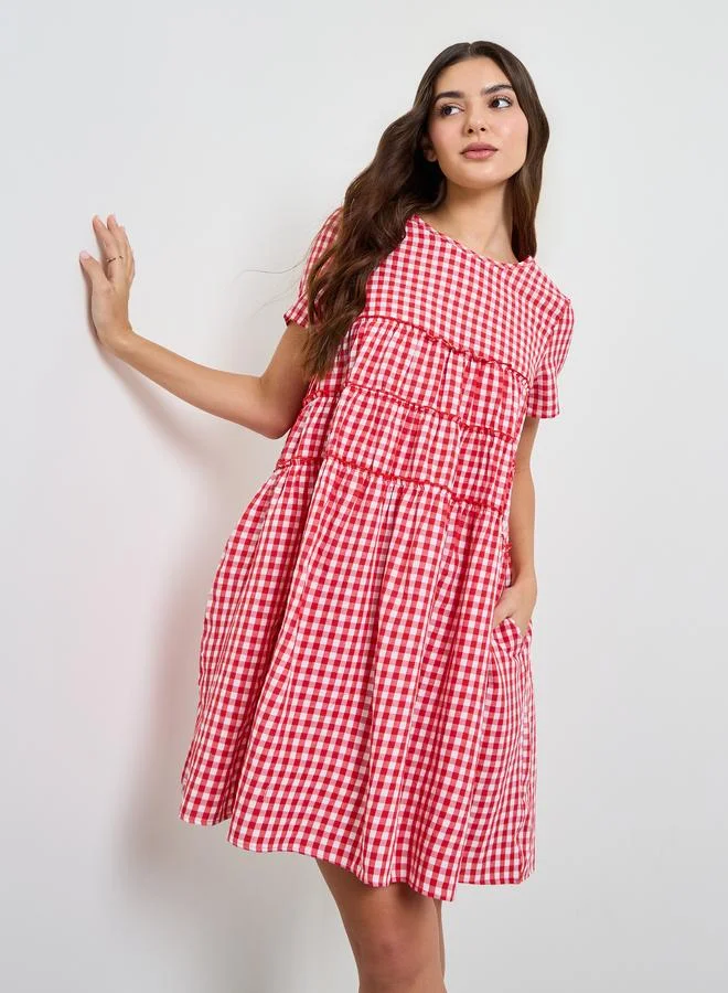 تايك تو Red Gingham Check Pocketed Mini Dress