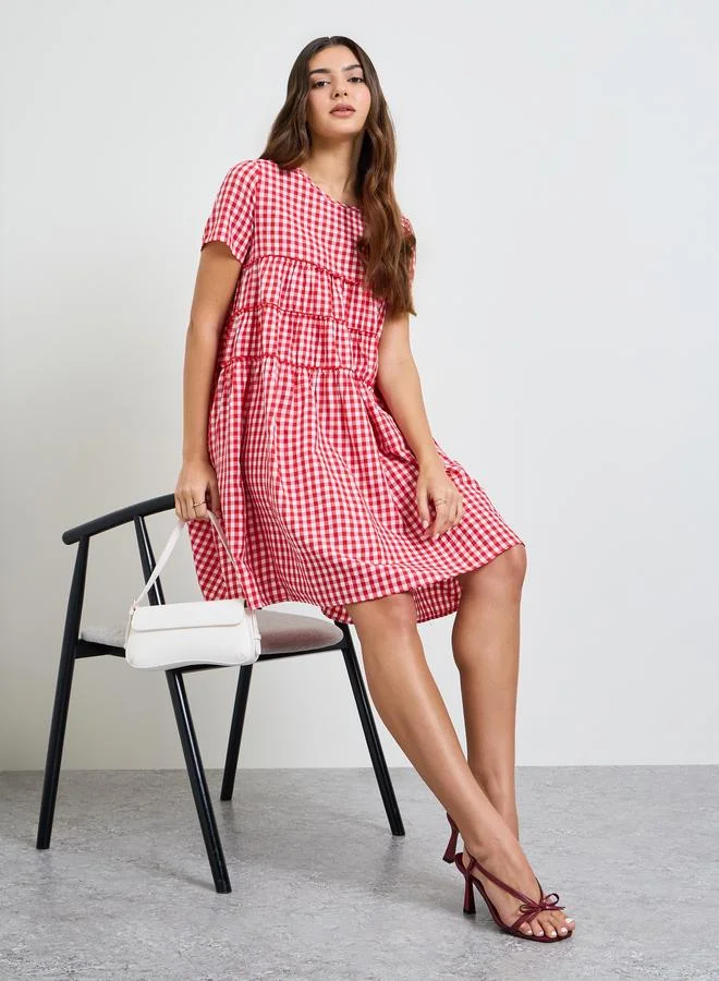 تايك تو Red Gingham Check Pocketed Mini Dress