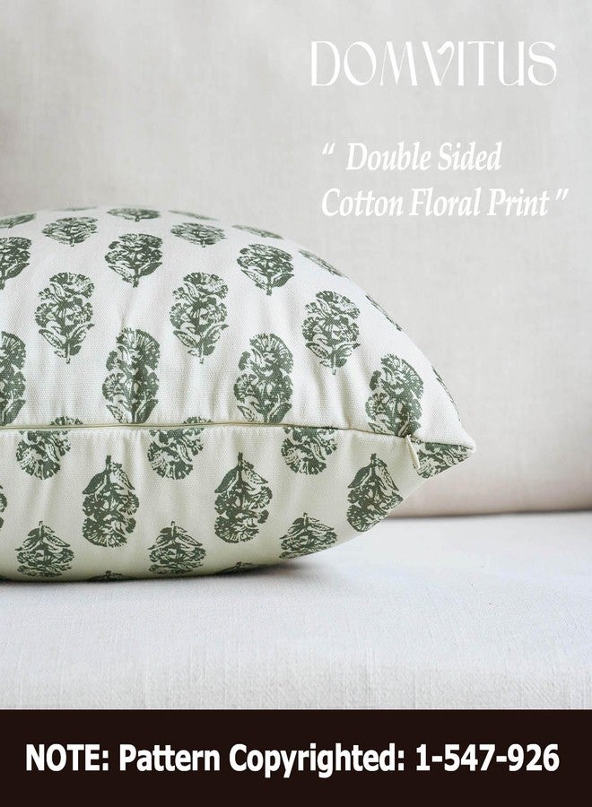 DOMVITUS Set of 2 Floral Pillow Covers 18x18, Block Print Pillow Covers Vintage Neutral Decorative Farmhouse Throw Pillow Covers for Couch Bed Living Room Dusty Green - Image 2