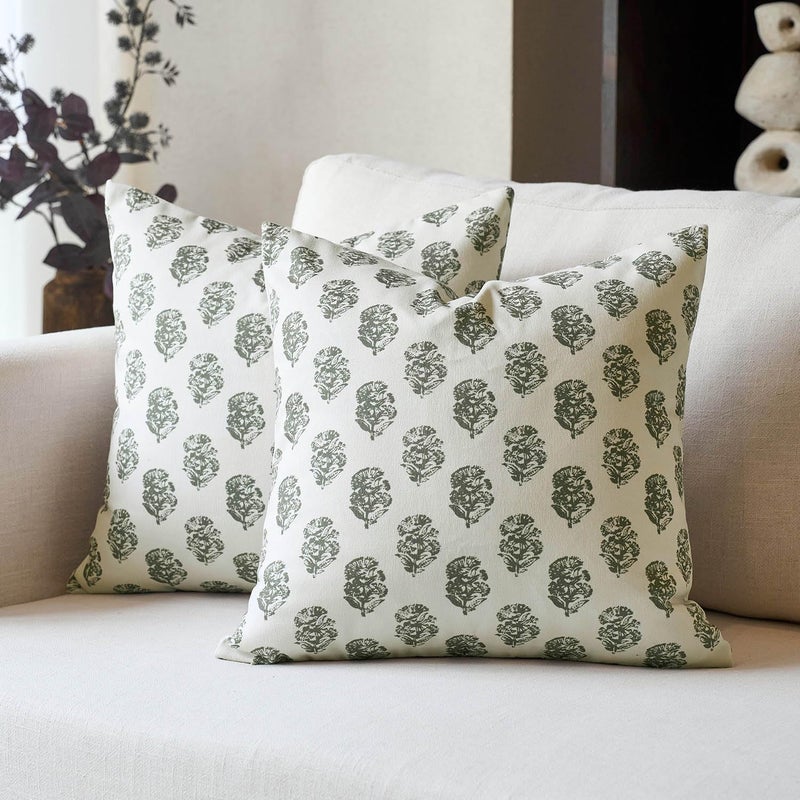 DOMVITUS Set of 2 Floral Pillow Covers 18x18, Block Print Pillow Covers Vintage Neutral Decorative Farmhouse Throw Pillow Covers for Couch Bed Living Room Dusty Green - Image 1