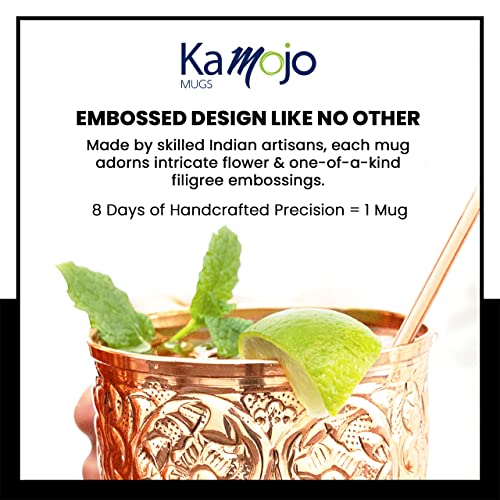 Kamojo Moscow Mule Copper Mugs Set of 4 with Unique Handcrafted Embossed Design with Anti-Tarnish Food-Grade Coating - Copper Cups Gift Set with 4 Straws & Recipe E-Book, 16 oz - Image 2
