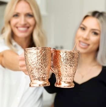 Kamojo Moscow Mule Copper Mugs Set of 4 with Unique Handcrafted Embossed Design with Anti-Tarnish Food-Grade Coating - Copper Cups Gift Set with 4 Straws & Recipe E-Book, 16 oz - Image 4