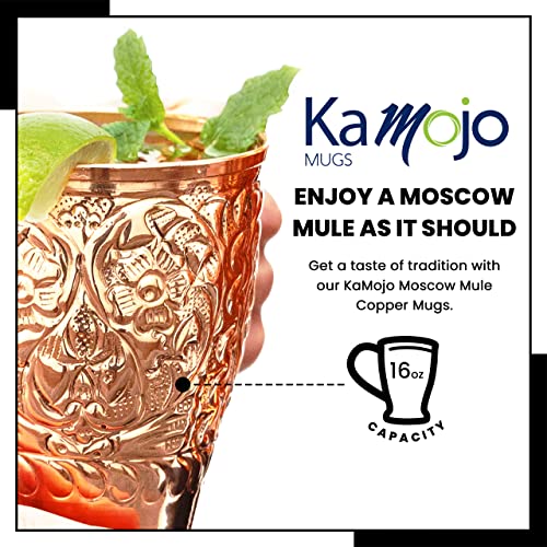 Kamojo Moscow Mule Copper Mugs Set of 4 with Unique Handcrafted Embossed Design with Anti-Tarnish Food-Grade Coating - Copper Cups Gift Set with 4 Straws & Recipe E-Book, 16 oz - Image 3