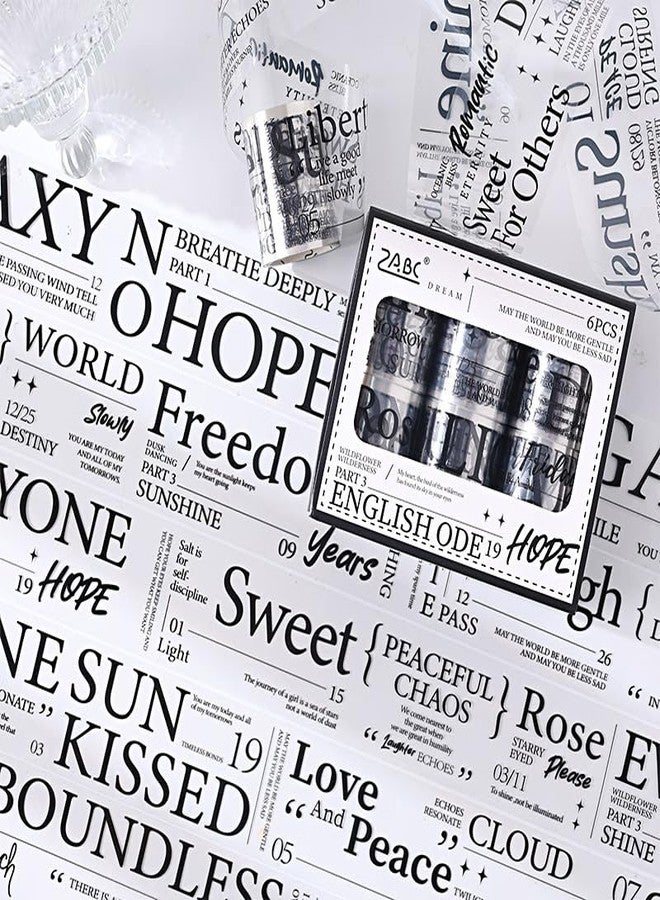 SAMVARDHAN Vintage Aesthetic English Word Decorative Washi Tape Set – 6 Rolls Inspirational Quote Scrapbook Tape, Black and White Journal Stickers for DIY, Planners, Crafts, and Gifts - Image 1