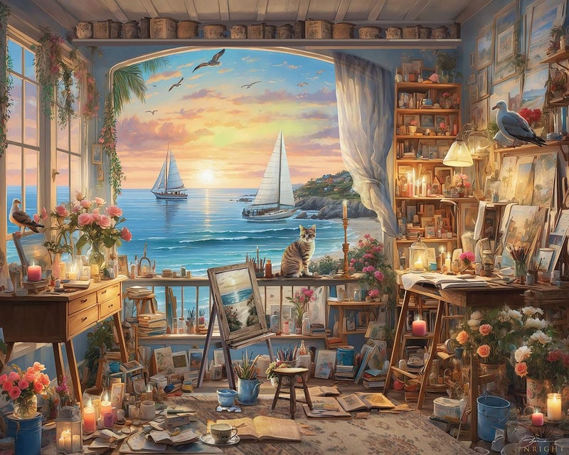White Mountain 1000 Piece Jigsaw Puzzle Scenic Ocean Sunset Puzzles with Large Pieces Gift for Adults and Family 24"x30" - Art Studio - Image 1