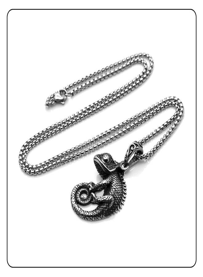 Fusamk Punk Titanium Steel Animal Lizard Pendant Necklace,24" Box Chain - Image 5