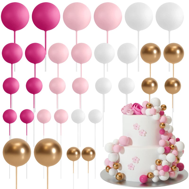 ASTARON 32 Pcs Ball Cake Topper Decorations Mini Balloons Cake Topper Sticks Foam Balls Cake Picks Cake Topper Balls Cake Decorations for Wedding Party Birthday Cake Decorating Pink Gold - Image 3