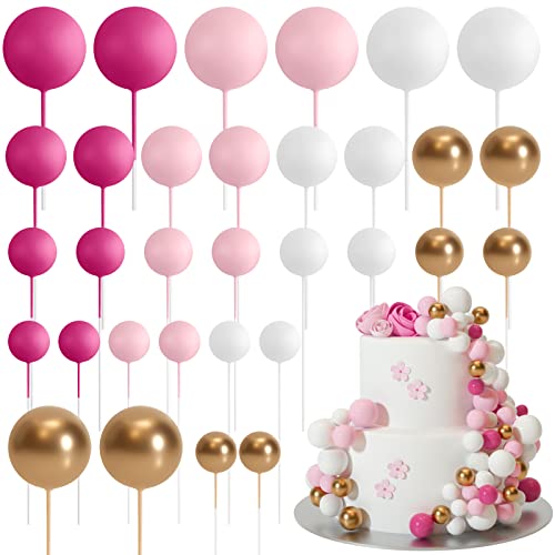 ASTARON 32 Pcs Ball Cake Topper Decorations Mini Balloons Cake Topper Sticks Foam Balls Cake Picks Cake Topper Balls Cake Decorations for Wedding Party Birthday Cake Decorating Pink Gold - Image 1
