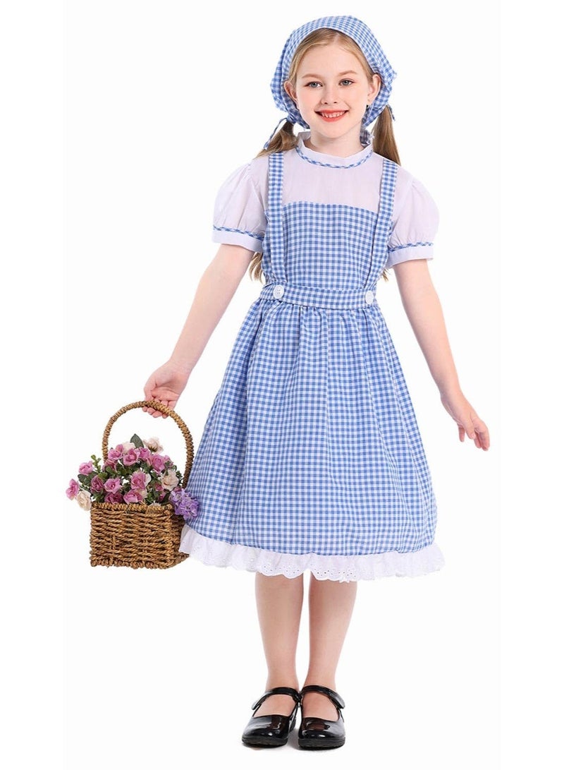 برايم تشويس زيّ الفتاة الرائدة (Pioneer Girl Costume) فستان بنات بأسلوب المستوطنات القديمة – فستان قصير الأكمام بنقشة مربعات مع عصابة رأس (لأعمار 8–10 سنوات) - Image 4