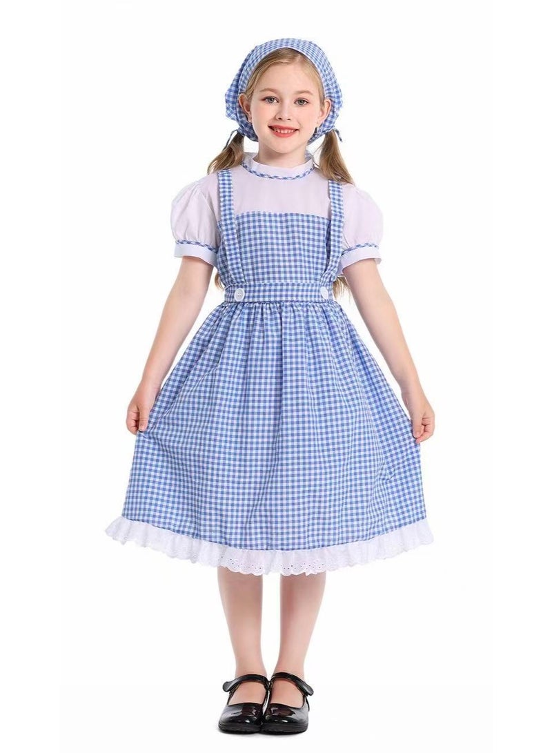 برايم تشويس زيّ الفتاة الرائدة (Pioneer Girl Costume) فستان بنات بأسلوب المستوطنات القديمة – فستان قصير الأكمام بنقشة مربعات مع عصابة رأس (لأعمار 8–10 سنوات) - Image 5