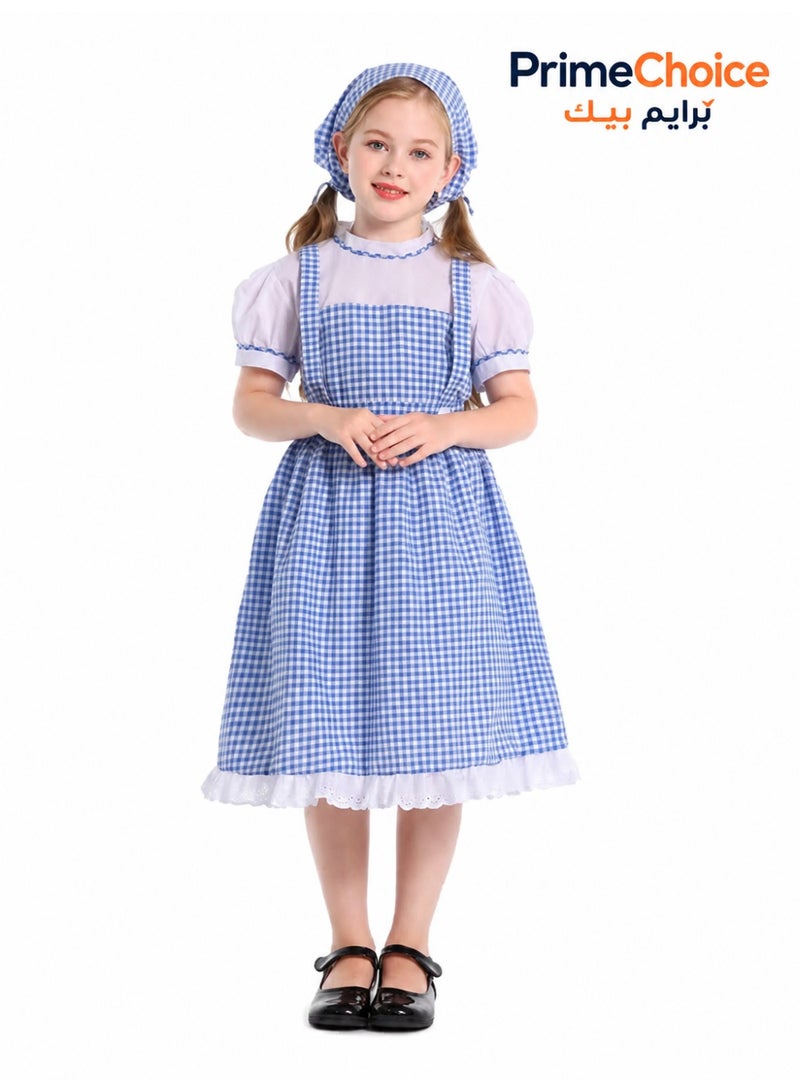 برايم تشويس زيّ الفتاة الرائدة (Pioneer Girl Costume) فستان بنات بأسلوب المستوطنات القديمة – فستان قصير الأكمام بنقشة مربعات مع عصابة رأس (لأعمار 8–10 سنوات) - Image 1