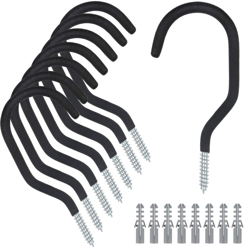 KURUI Heavy Duty Screw Hooks for Hanging Plants Outdoor String Lights Bike 8 Pack Large Ceiling Hooks for Garage Organization and Storage Black No Drill Wall Hangers