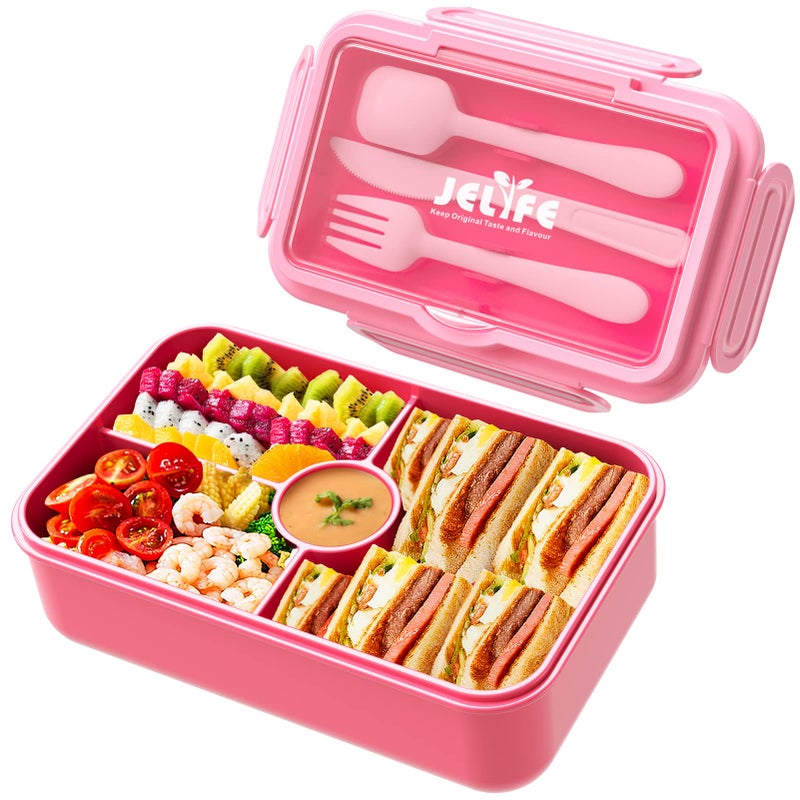 Jelife Kids Lunch Bento Box  Large Bento-Style Leakproof Boxes 4 Compartments Girls Snack Containers with Tableware for Back to School  Reusable On-the-Go Meal and Packing  Pink - Image 1