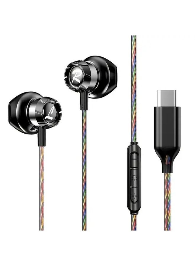 Black Type C Wired In Ear Headphones With Mic Hifi Surround Sound Noise Isolation - Image 1