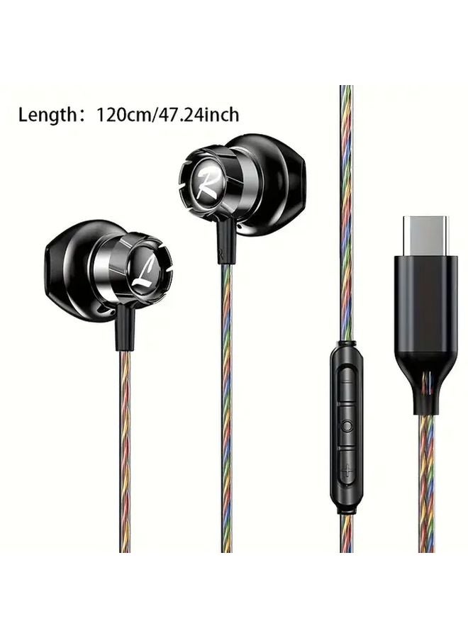 Black Type C Wired In Ear Headphones With Mic Hifi Surround Sound Noise Isolation - Image 3