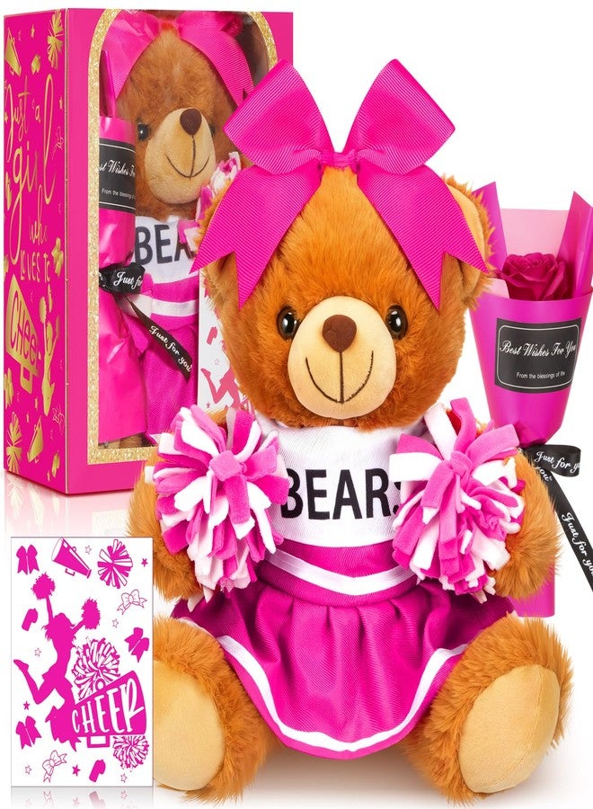 Arrowbash Cheerleading Gift Set Cute Cheerleader Bear with Artificial Flower Cheerleading Card and Box with Window Support Gift for Her Cheerleader Friends(Rose Pink) - Image 1
