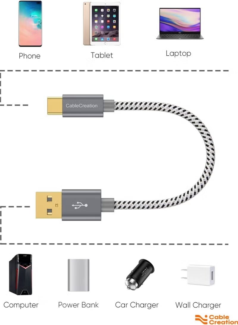 كابل كرييشن كابل قصير من USB إلى USB C بطول 0.5 قدم، كابل USB A إلى USB C كابل شحن سريع 3 أمبير، كابل مضفر من USB A ذكر إلى USB C ذكر لجهاز Galaxy S23 Ultra Power Bank، رمادي 15 سم/6 بوصة - Image 4
