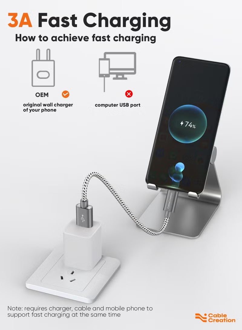 كابل كرييشن كابل قصير من USB إلى USB C بطول 0.5 قدم، كابل USB A إلى USB C كابل شحن سريع 3 أمبير، كابل مضفر من USB A ذكر إلى USB C ذكر لجهاز Galaxy S23 Ultra Power Bank، رمادي 15 سم/6 بوصة - Image 2