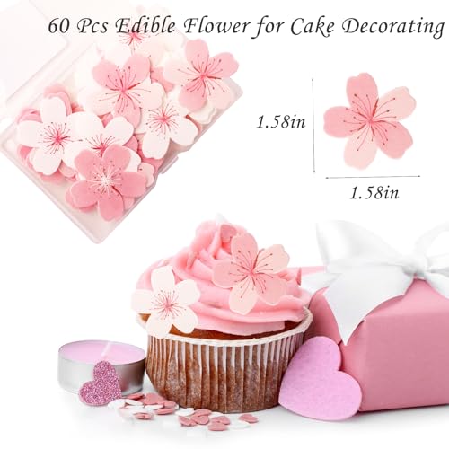 SUPROD 60 Pcs Edible Flowers Cake Topper Cupcake Toppers Decorations Wafer Paper Pink Cherry Blossom Flowers Wedding Themed Party Birthday Cake Decoration - Image 4