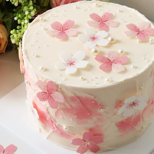 SUPROD 60 Pcs Edible Flowers Cake Topper Cupcake Toppers Decorations Wafer Paper Pink Cherry Blossom Flowers Wedding Themed Party Birthday Cake Decoration - Image 2