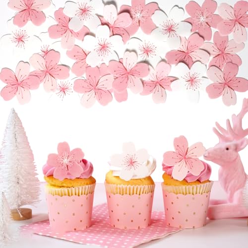 SUPROD 60 Pcs Edible Flowers Cake Topper Cupcake Toppers Decorations Wafer Paper Pink Cherry Blossom Flowers Wedding Themed Party Birthday Cake Decoration - Image 1