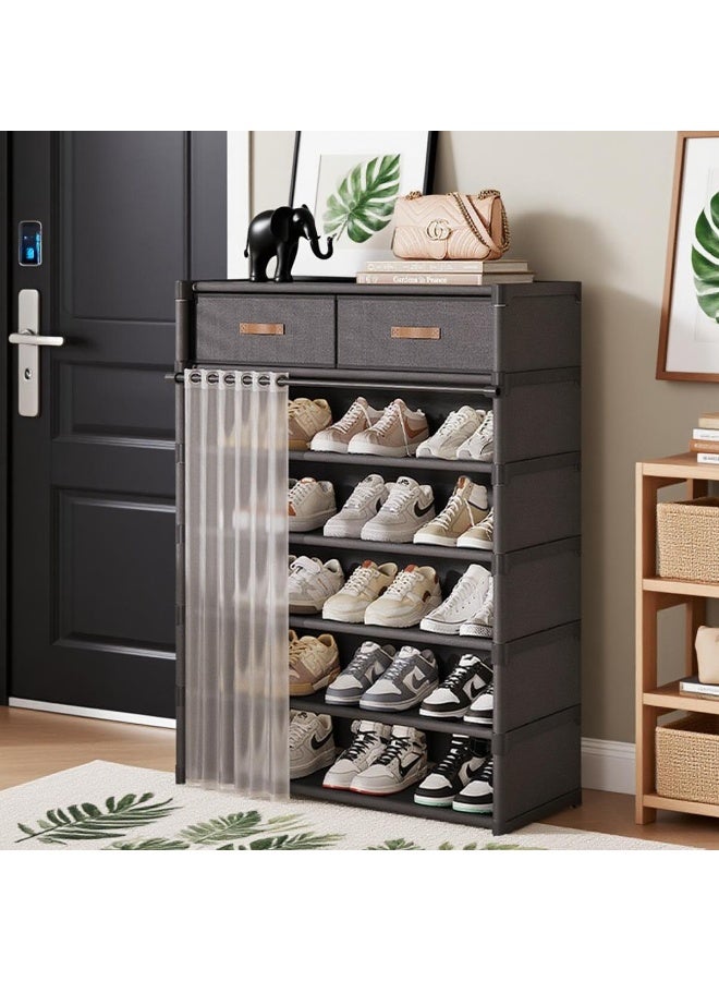 SHIXIN 7-Tier Multifunctional Folding Shoe Rack -- Indoor and Outdoor Dustproof Storage Rack -- Fabric Drawer Shoe Rack with Covering Curtain / Durable and Simple Entryway Storage Rack - Image 1