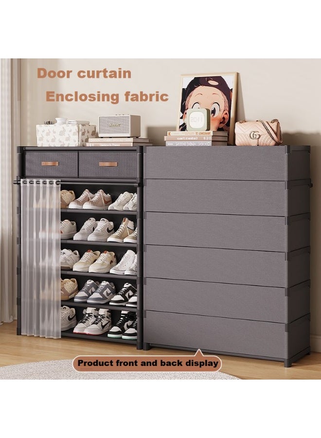 SHIXIN 7-Tier Multifunctional Folding Shoe Rack -- Indoor and Outdoor Dustproof Storage Rack -- Fabric Drawer Shoe Rack with Covering Curtain / Durable and Simple Entryway Storage Rack - Image 2