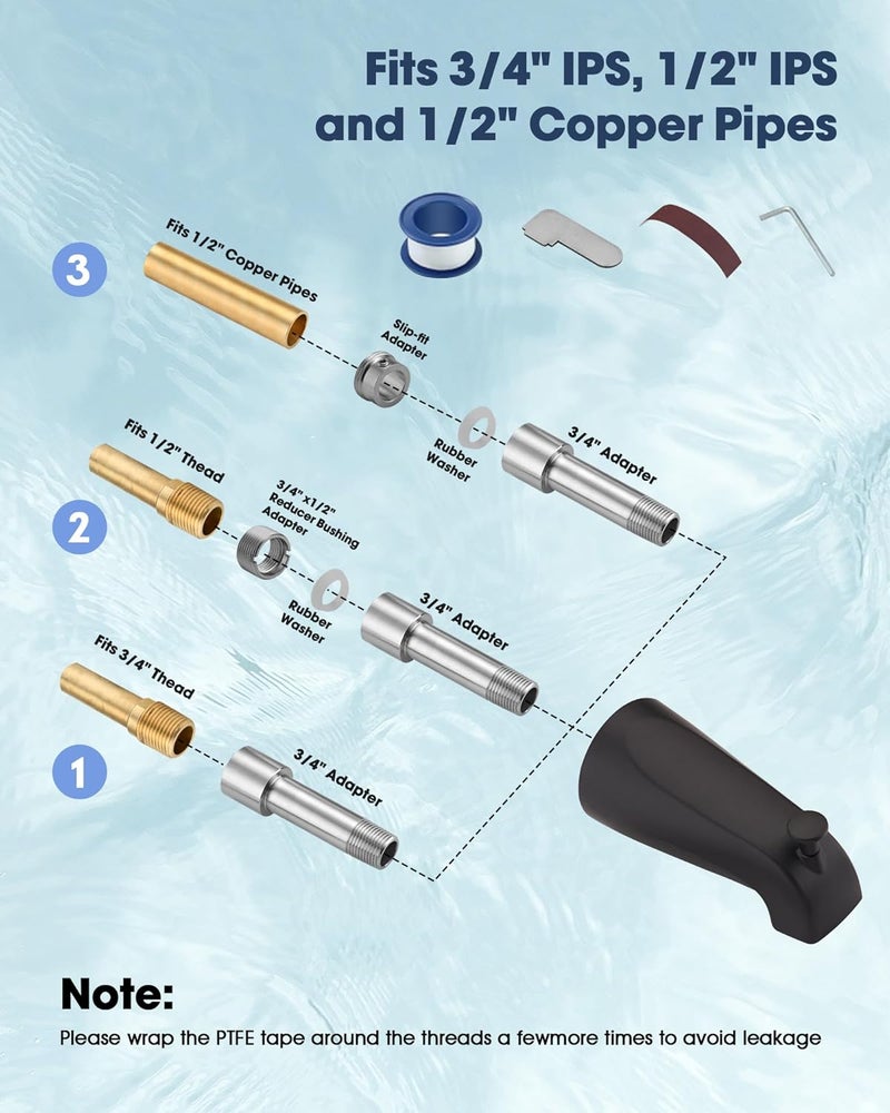 OrgCreator All Metal Bathtub Spout with Diverter, 5.3 Inch Tub Spout, Fits 1/2" Copper Slip-On and 1/2" or 3/4" IPS Threaded Pipes, Easy Lift to Switch, Leak-Free, Easy DIY Installation(Matte Black) - Image 2