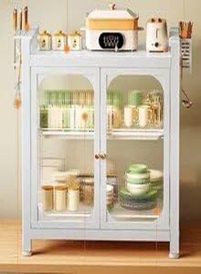 kesig Carbon Steel Kitchen Storage Rack Drain Dishware Storage Rack Countertop Storage Cupboard with Door Multifunctional Bowl Chopstick Storage Box Kitchen Countertop Plate Organizer (White) - Image 2