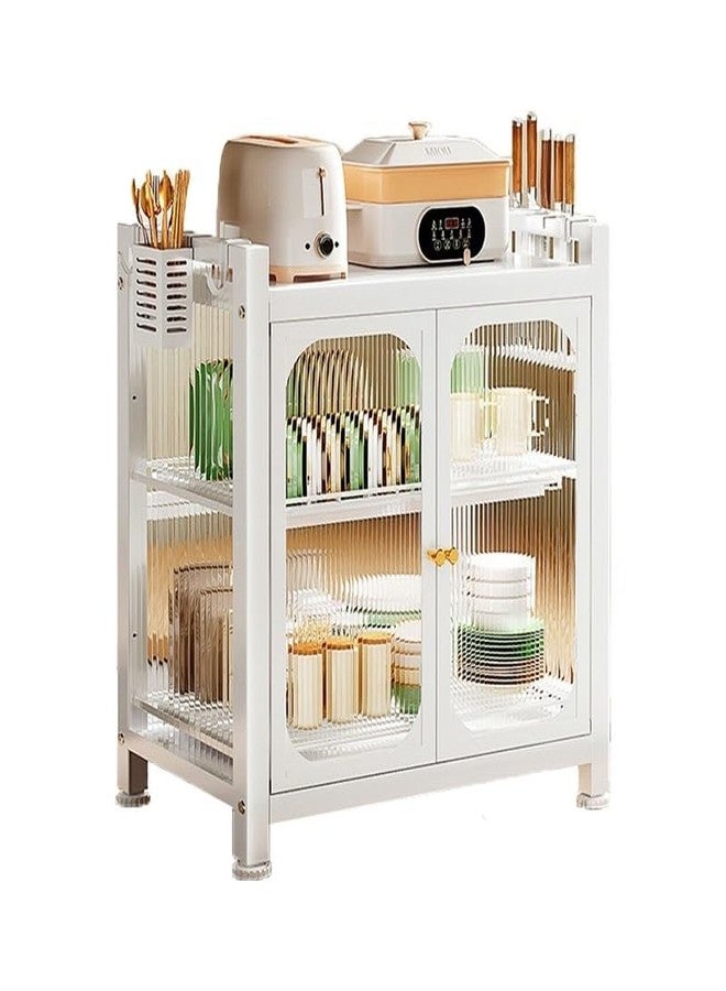 kesig Carbon Steel Kitchen Storage Rack Drain Dishware Storage Rack Countertop Storage Cupboard with Door Multifunctional Bowl Chopstick Storage Box Kitchen Countertop Plate Organizer (White) - Image 1