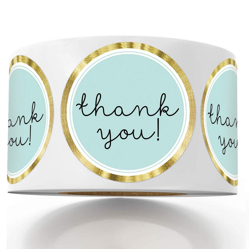 MrMug Modern Thank You Stickers  Round Blue  Chic Gold Labels 14 Inch 500 Adhesive Thank You Tags