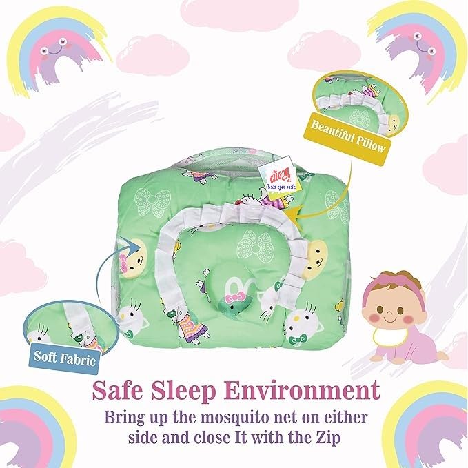 Volga Sales Baby Bed, Mosquito Net & Neck Pillow, Baby Gadda Set for New Born, 0-6 Month, Printed Baby Bedding, Baby Bear Sleeping Bed of 71cm x 46cm x 13cm (Green)  - Image 4