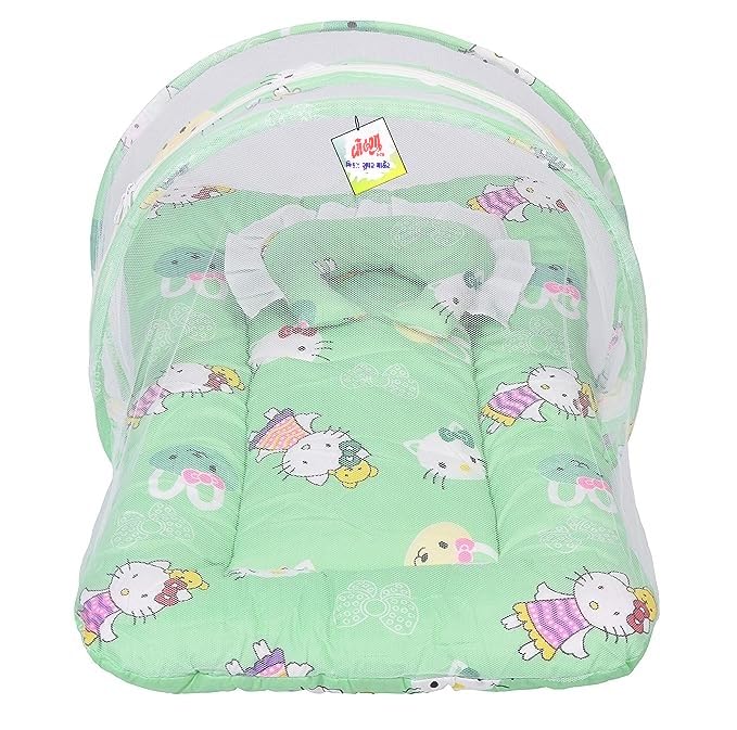 Volga Sales Baby Bed, Mosquito Net & Neck Pillow, Baby Gadda Set for New Born, 0-6 Month, Printed Baby Bedding, Baby Bear Sleeping Bed of 71cm x 46cm x 13cm (Green)  - Image 1