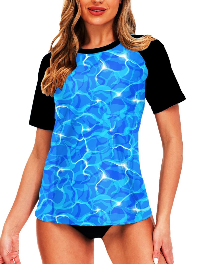 AOBUTE Womens SPF Swim Top Athletic Print Swimming Surf Rash Guard Swimwear Beachwear Blue Wave S - Image 5