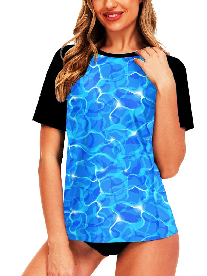 AOBUTE Womens SPF Swim Top Athletic Print Swimming Surf Rash Guard Swimwear Beachwear Blue Wave S - Image 4