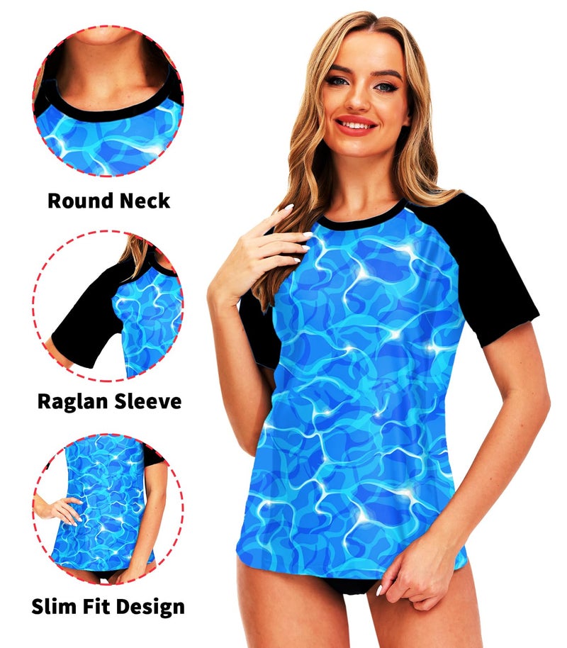 AOBUTE Womens SPF Swim Top Athletic Print Swimming Surf Rash Guard Swimwear Beachwear Blue Wave S - Image 3