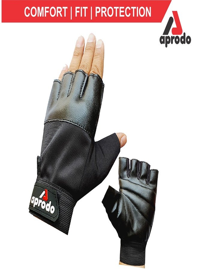 Aprodo Beginner Gym Gloves with Wrist Support Strap | 1 Pair - Free Size (Black) | Fitness Gloves with Leather Foam Fabric | Wrist Band for Dumbbell, Exercise & Gym Workout - Image 3