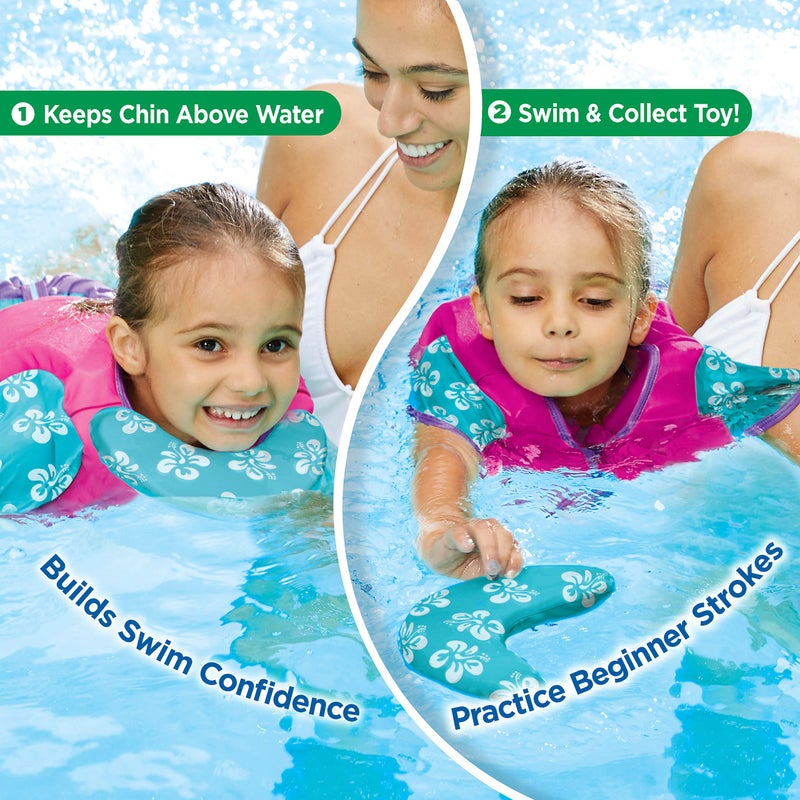 SwimSchool Swim Trainer - Small/Medium - Swim Vest with Shoulder Sleeves, Adjustable Safety Strap, and Removable Chin-Up Collar -Pink/Aqua - Image 2