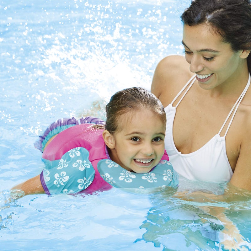 SwimSchool Swim Trainer - Small/Medium - Swim Vest with Shoulder Sleeves, Adjustable Safety Strap, and Removable Chin-Up Collar -Pink/Aqua - Image 4