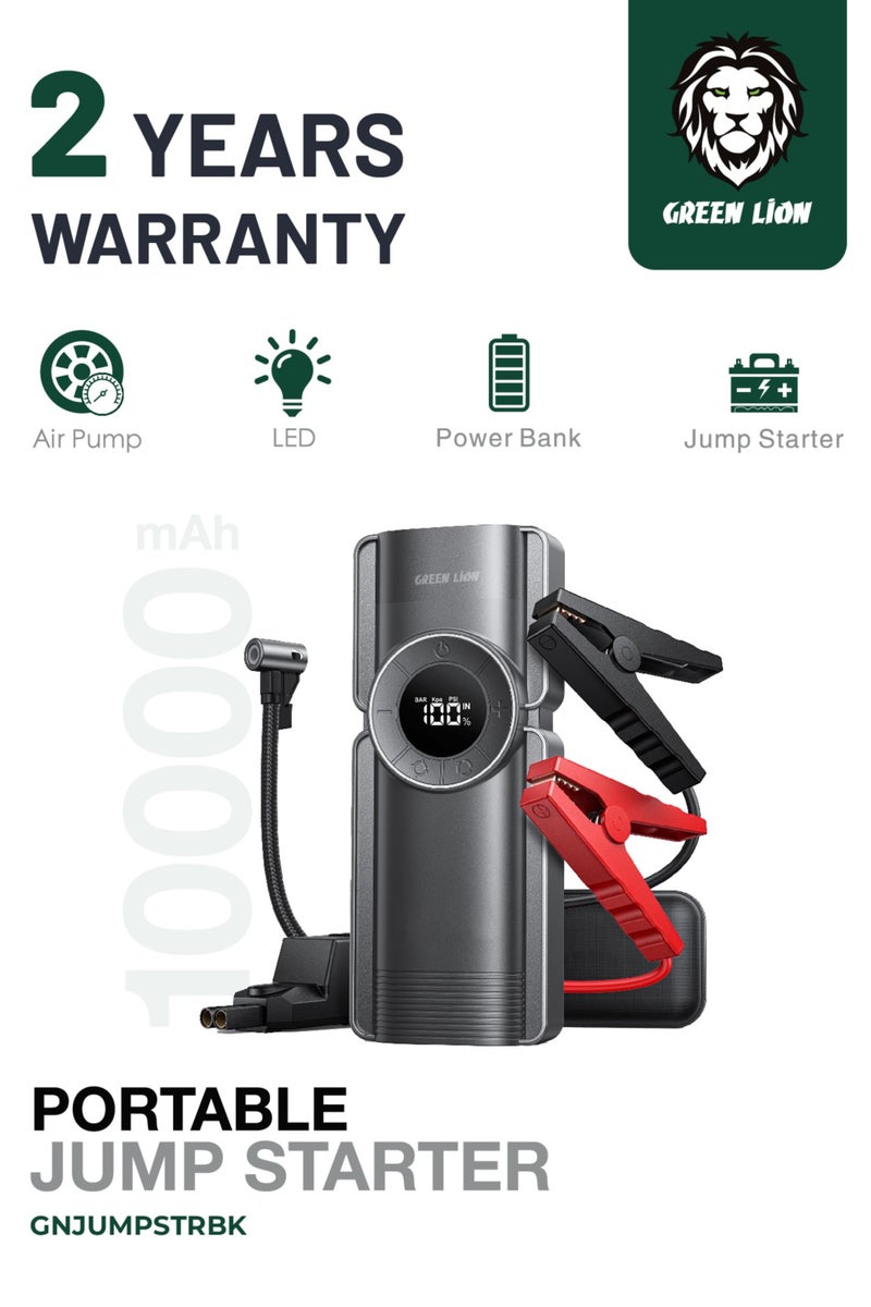GREEN LION Portable Jump Starter with Air Compressor / 10000mAh Battery /Smart Jumper with Air Pump and LED Display - Black - Image 1