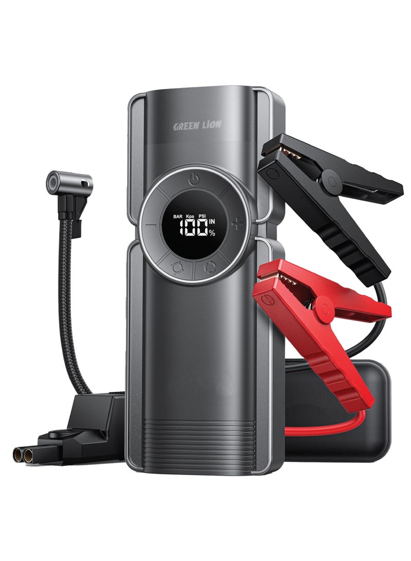 جرين ليون مشغل سيارات 4 في 1 مع ضاغط هواء، باور بانك 10000 مللي أمبير، منفاخ إطارات 150PSI ومصباح LED للمحركات حتى 8.5 لتر، منافذ USB-A و USB-C مزدوجة - Image 1