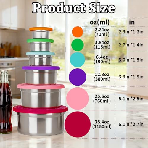 YJSLICT 6 Pack Stainless Steel Lunch Containers with Lids Set, Round Nesting Snack Container (Size 38, 24, 12, 6, 4, 2oz), Metal Salad Containers for Lunch, Picnic, Home, Travel - Image 3