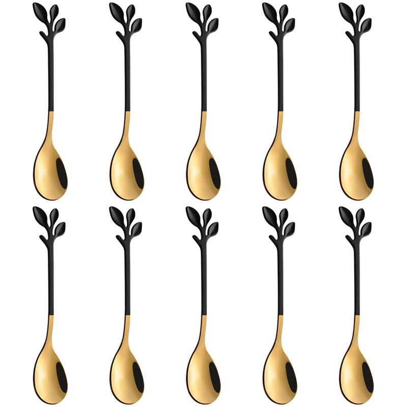 AnSaw Elegant Black  Gold Leaf Espresso Spoons  10Piece 47 Mini Stainless Steel Coffee  Dessert Tea Spoons Perfect for Demitasse  Small Servings
