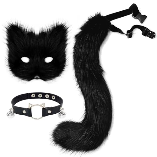 hbbhml Faux Fur Fox Mask Wolf Cat Fluffy Tail and Leather Necklace Set Halloween Party Costume Accessory - Image 1
