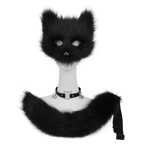 hbbhml Faux Fur Fox Mask Wolf Cat Fluffy Tail and Leather Necklace Set Halloween Party Costume Accessory - Image 2