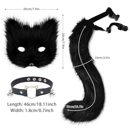hbbhml Faux Fur Fox Mask Wolf Cat Fluffy Tail and Leather Necklace Set Halloween Party Costume Accessory - Image 3
