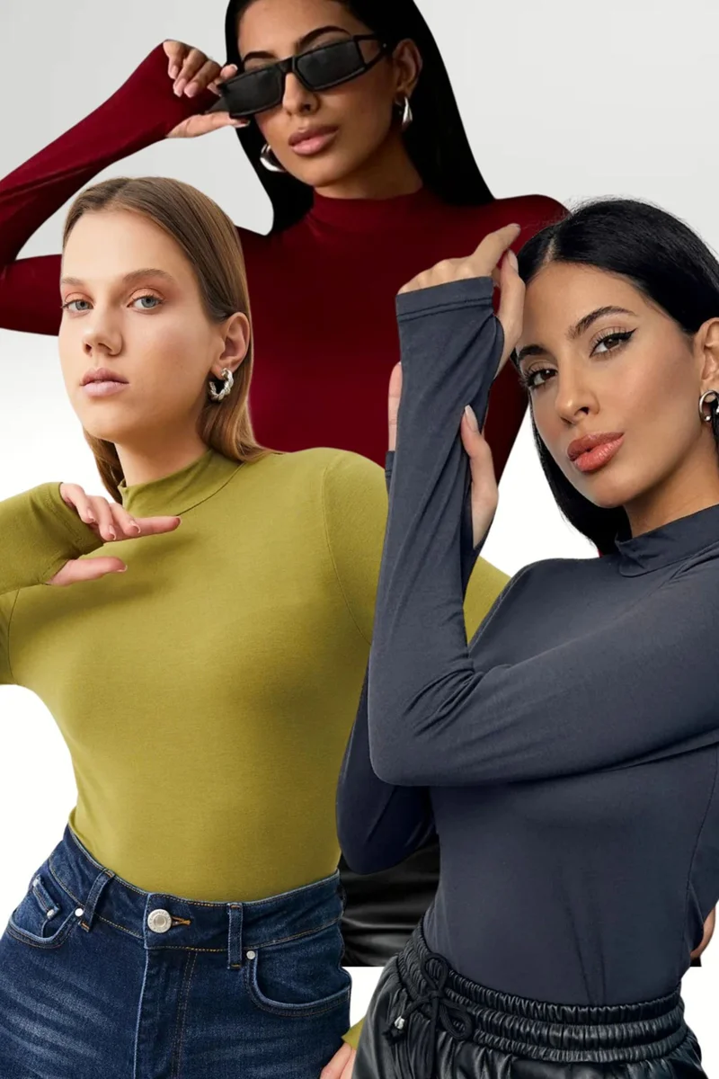 بيبانتولون BIPANTOLON Women's 3-Pack Slim Fit Half Turtleneck Bodysuits