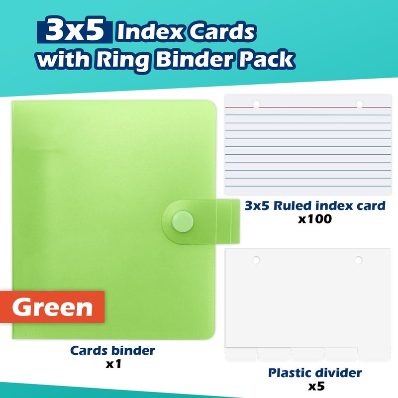 Olivo 3x5 Lined Index Cards with Ring Binder Holder and Dividers, 100 Ruled Cards, Green - Image 3