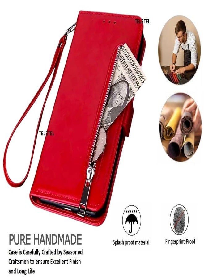 TELETEL Zipper Series Flip Mobile Cover Pu Leather | Card & Cash Pockets | Magnetic Loop | Front Zip Lock Wallet Case (Red) for Redmi A2 - Image 3