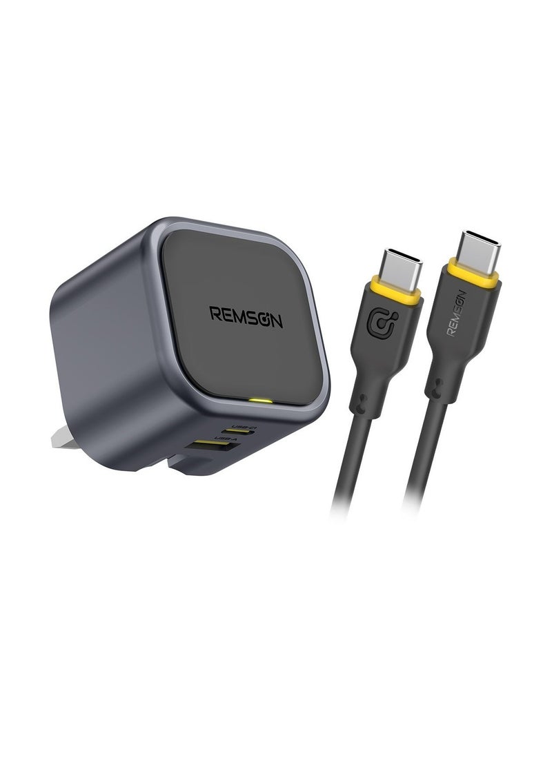 Remson - Remson Neo Power 35W Mini GaN Wall Charger QC 3.0 PD Dual Ports USB-C/ USB-A and USB-C Cable Foldable Plug with Fast Charging Indicator Compatible with iPhone, iPad, Samsung, Huawei, Xiaomi etc - Image 1